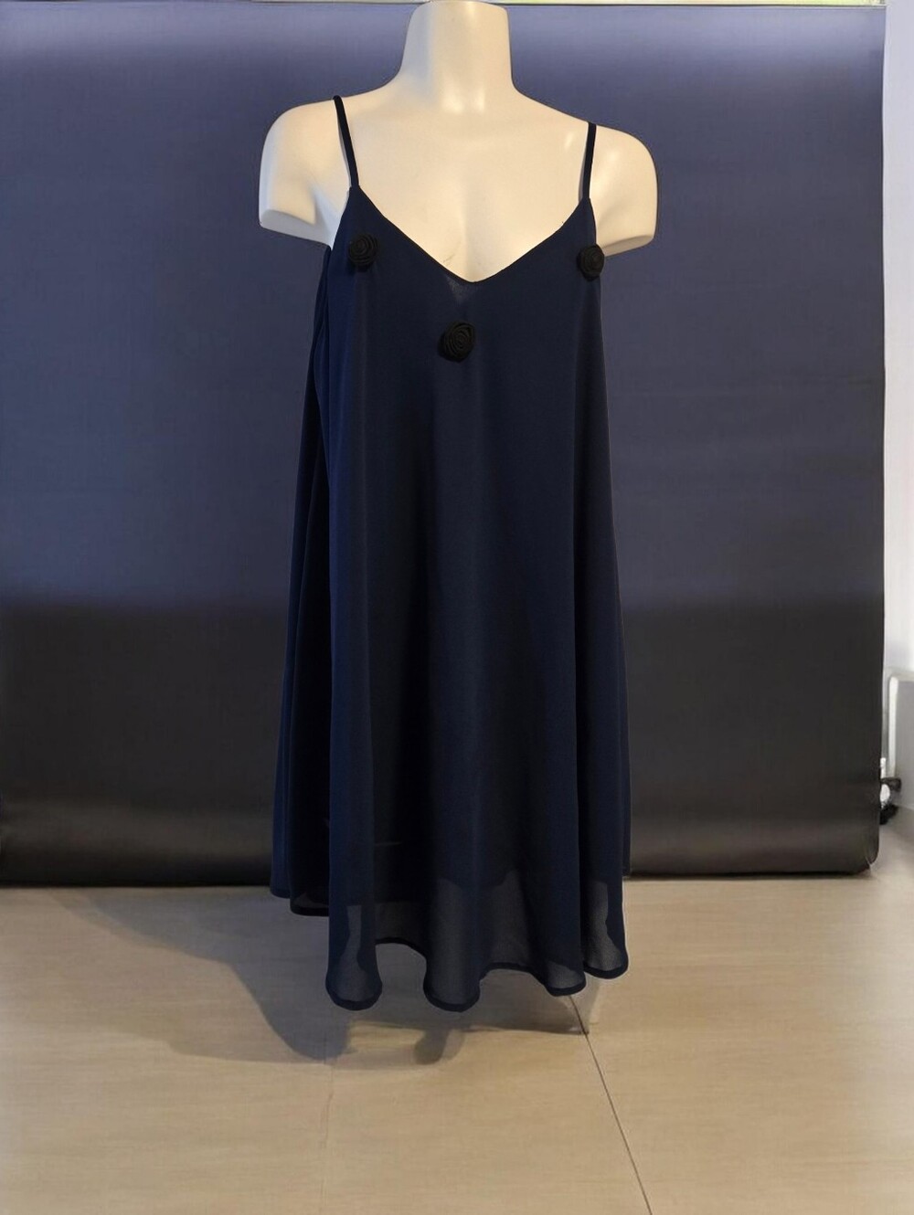 Navy Blue Slip Mini Dress With Black Rosette - Size Medium